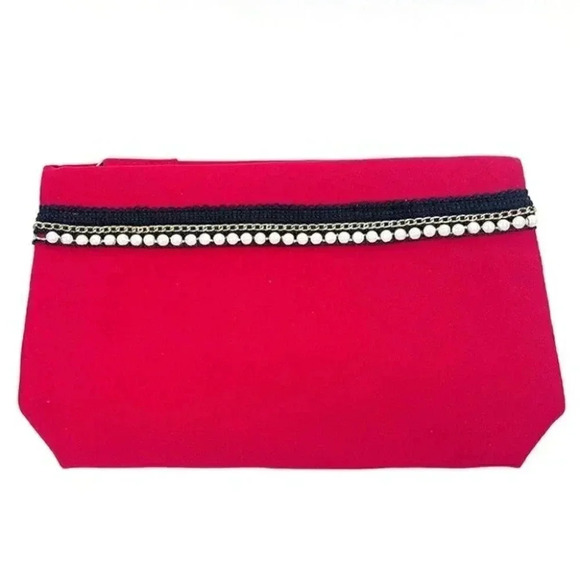 Lancome Red Elegant Beauty Bag with Black Pearl Stripe Accent - Picture 1 of 1